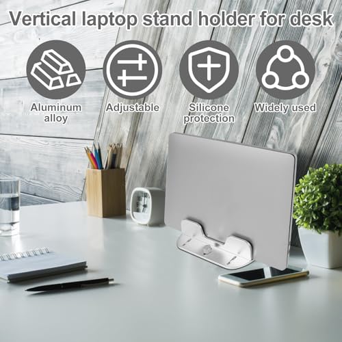 Vertical Laptop Stand Holder Double Slot Vertical Laptop Stand Adjustable Width Laptop Desk Stand Non Slip Laptop Stand Organizer Space Saving Laptop Holder for Home Office(silver)