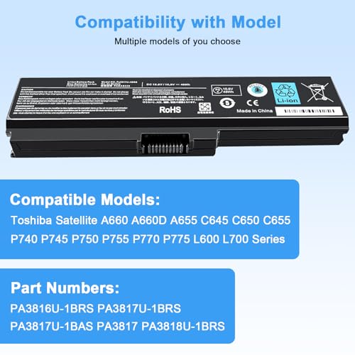 48Wh PA3817U-1BRS Battery Replacement for Satellite C655 C675 C675D L645 L645D L655 L655D L675 L675D L745 L755 L755D P745 P755 P775 M645 A660 A655 PA3817U Series Laptop Battery - color: T3817 BATTERY