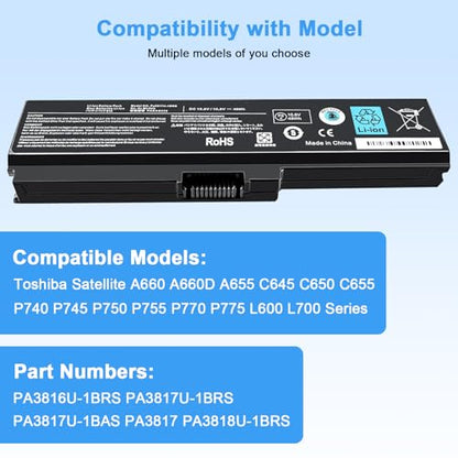 48Wh PA3817U-1BRS Battery Replacement for Satellite C655 C675 C675D L645 L645D L655 L655D L675 L675D L745 L755 L755D P745 P755 P775 M645 A660 A655 PA3817U Series Laptop Battery - color: T3817 BATTERY