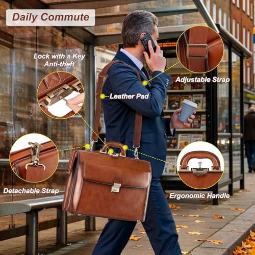 Banuce Leather Briefcase for Men with Anti-Theft Lock Fits 15.6" Laptop | Gradient Coloring Leather,Ergonomic Handle,Expandable,Detachable Shoulder Strap,Office Work,Business Travel - color: Brown