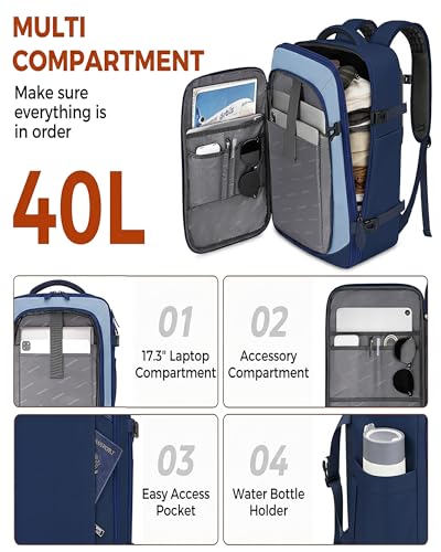 Vancropak 40L Carry on Backpack, Flight Approved Expandable Bag for Travel | Shoe Compartment, Fits 17" Laptop Bag, 3 Packing Cubes, 18x14x8 Inches Travel Backpack, Water Resistant, Anti Theft Suitcase - color: Blue