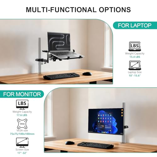 WALI Laptop Pole Mount, Adjustable Laptop Arm Holder Fits 10"-15.6" Laptops, 2-in-1 Full Motion Monitor Mount with Removable Tray, VESA 75x75 or 100x100 mm, Holds up to 15.4lbs(011ARMLPN), Black - size: Up to 15.4