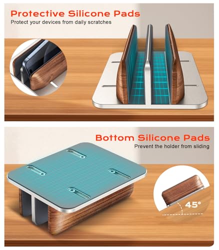 JCZT Vertical Laptop Stand, Walnut Dual Laptop Holder, Silver | with Adjustable Aluminum Alloy Base Laptop Stand for All MacBok/Surface/Samsung/HP/Dell/Chrome Book Laptops (Up to 17.3 inch) - color: Silver