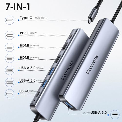 USB C to Dual HDMI Adapter, 7 in 1 Docking Station Dual Monitor, 3*USB-A Data Ports, 100W PD, HDMI Splitter Extended Display Laptop USB C Hub for MacBook, HP, Dell and More