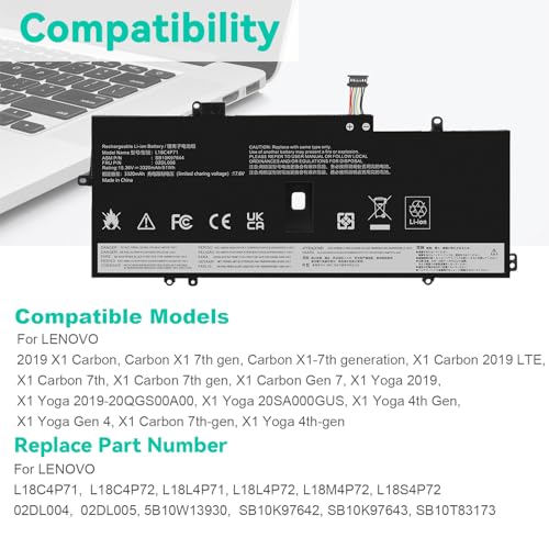 L18C4P71 L18M4P72 Battery Replacement for Lenovo Thinkpad X1 Carbon 7th Gen, X1 Carbon 8th Gen,ThinkPad X1 Yoga 4th/5th Gen Series 02DL004 02DL005 02DL006 L18L4P71 SB10K97644 SB10K97642 SB10K97643 - size: L18C4P71