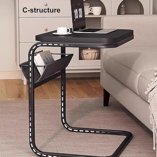 Overbed Table with Storage Metal Bedside Table, Multi Purpose Side Table, C Shaped Office Bedside Table, Fabric Pocket Storage, for Bedside, Sofa Side(Brass) - color: Brass