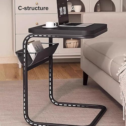 Overbed Table with Storage Metal Bedside Table, Multi Purpose Side Table, C Shaped Office Bedside Table, Fabric Pocket Storage, for Bedside, Sofa Side(Black) - color: Black