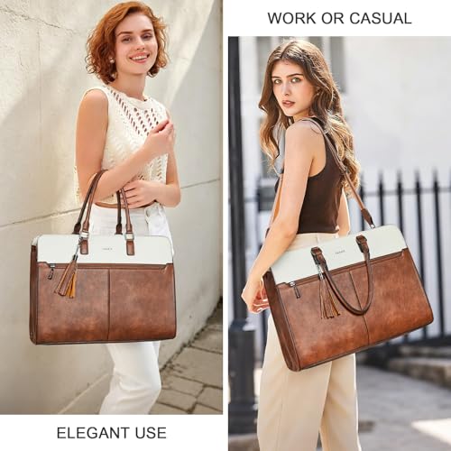 Laptop Bag for Women,Water-Resistant Work Bag Laptop Tote Bag,Briefcase with Satchel Purse - color: Beige With Brown