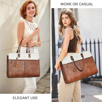 Laptop Bag for Women,Water-Resistant Work Bag Laptop Tote Bag,Briefcase with Satchel Purse - color: Beige With Brown
