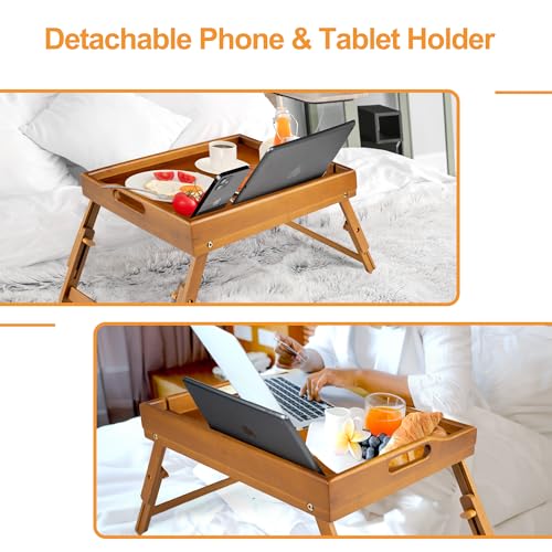 Greenual 2 Pack Bed Tray Table with Handles Folding Legs, Bamboo Breakfast Food Tray with Media Slot, Use As Platter, Laptop Desk, Snack, TV Tray Kitchen Serving Tray(Brown) - color: Brown