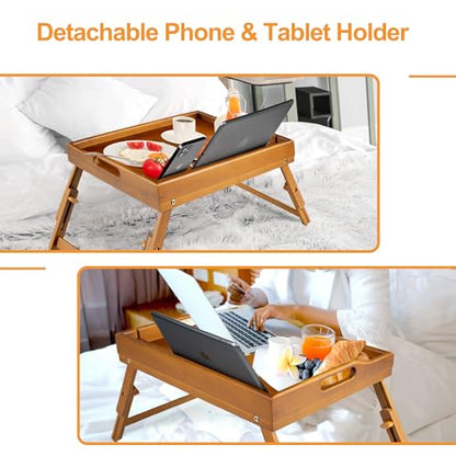 Greenual 2 Pack Bed Tray Table with Handles Folding Legs, Bamboo Breakfast Food Tray with Media Slot, Use As Platter, Laptop Desk, Snack, TV Tray Kitchen Serving Tray(Brown) - color: Brown