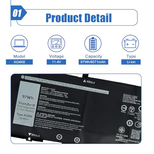 97Wh XG4K6 Laptop Battery Compatible with Dell XPS 17 9700 9710 9720 9730 Precision 5750 5760 5770 Series P92F P92F001 P92F002 P92F003 KRDHV 01RR3 F8CPG OF8CPG 0YY3V 5XJ6R KVPMY 11.4V - size: 12.92*3.16*0.35 inch XG4K6