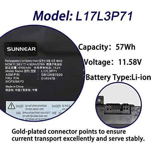 L17L3P71 01AV478 Laptop Battery for Lenovo Thinkpad T480S 20L7 20L8 | 11.58V 57Wh 4920mAh; P/N: L17M3P71 01AV480 L17M3P72 SB10K97622 01AV479 SB10K97621 SB10K97620 - size: 13.3*5.79*1.14 inches L17L3P71