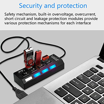 USB Hub 2.0, 4-Port Data Hub Splitter with Multiple Expander and Individual On/Off Switches for, Vista Splitter for Laptop Pc with Switch
