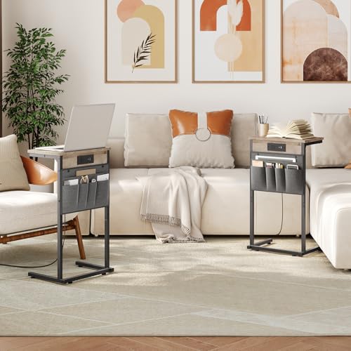 HOOBRO C Shaped End Table with Charging Station, 28" H Couch Side Table Slide Under, Sofa Arm Tray Table with Storage Bag for Living Room, Recliner, Greige BG70USF01 - color: Greige
