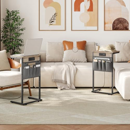 HOOBRO C Shaped End Table with Charging Station, 28" H Couch Side Table Slide Under, Sofa Arm Tray Table with Storage Bag for Living Room, Recliner, Greige BG70USF01 - color: Greige