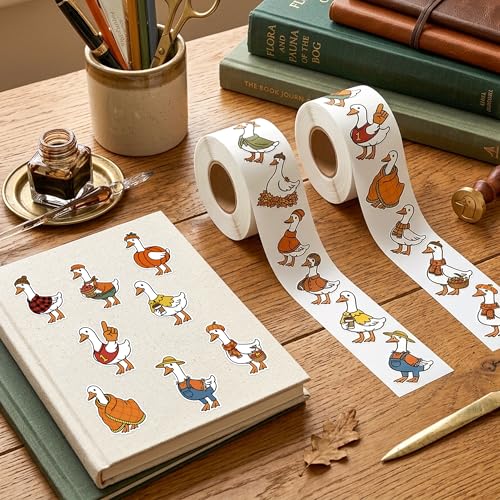 2 Rolls Autumn Silly Goose Sticker Self Adhesive Decals for Gift | Waterproof Vinyl Easy Peel for Laptop Water Bottle Scrapbook Journal Planner DIY Craft Supplies School Work Desk Locker Decor - style: Autumn Silly Goose