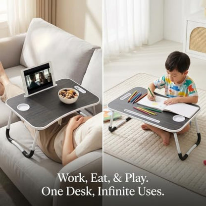 BUYIFY 23" Foldable Lap Desk for Laptop Writing w/Cup Holder Black | Sturdy and Durable, Laptop Bed Desk with Tablet Slot, No Assembly, Space Saving for Bed Couch Dorm WFH Students - color: Black-gold