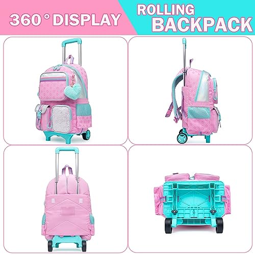 Meetbelify Backpack with Wheels for Girls Rolling Backpack Cute Carry on Backpack for Elementary Student - color: Pink