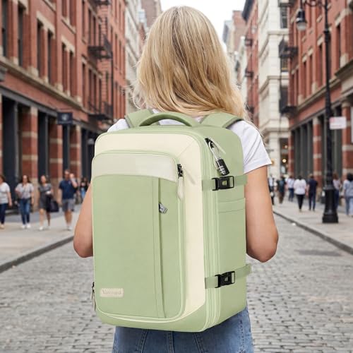 Vancropak Carry on Backpack for Airplane, Travel Backpack Fits 17.3" Laptop | Shoe Compartment, 3 Packing Cubes, 18x14x8 Travel Backpack, 40L Expandable Suitcase, Lightweight Anti Theft Weekender Bag - color: Green