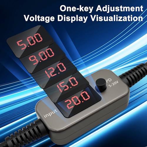 1m USB C to DC 5.5x2.1mm Adapter Universal Charger Supply 100W PD Trigger Power Converter Cable 5V/9V/12V/15V/20V Adjustable Voltage with LED Display,10 Power Plug Kit,for Laptops,Tablets