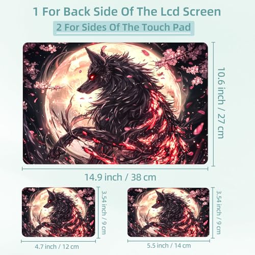 Universal Laptop Skin Decal, 3-Piece Vinyl Protector for 12 13 14 15.6" Notebook, Waterproof Anti-Scratch, Easy Trim & Bubble-Free Finish, Black Wolf with Glowing Red - color: Black Wolf with Glowing Red