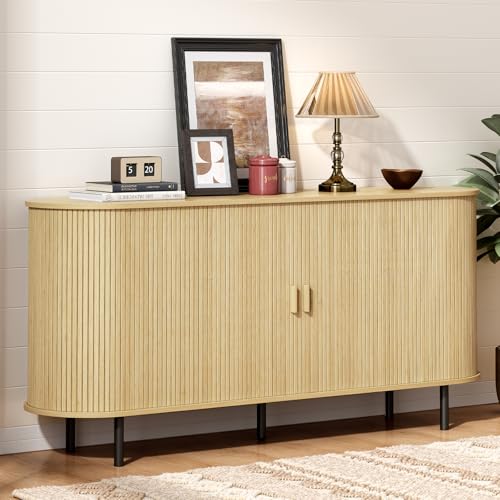 ONBRILL 63" Sideboard Buffet Cabinet with Storage, Storage Cabinet with Sliding Door & Adjustable Shelf, Modern Accent Coffee Bar Console Table for Kitchen, Entryway, Oak - color: Oak, size: 63"