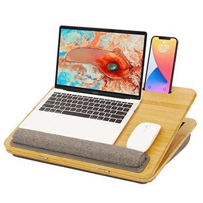 Adjustable Bamboo Lap Desk with Cushion - 5 Tilting Angles Ergonomic Laptop Bed Tray for Computers 15 inches or Less, Phone & Tablet Holder Slot, Dual Bolster for Comfort on Couch, Bed, Sofa & Car - size: 12.6" x 16.8" Angle Adjust
