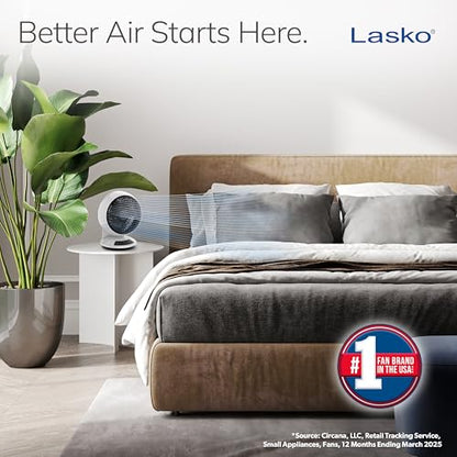 Lasko Whirlwind Orbital Motion Air Circulator Table Fan, 3 Speeds, Timer, Dark Mode, Remote Control for Small and Medium Sized Rooms, White, A12557
