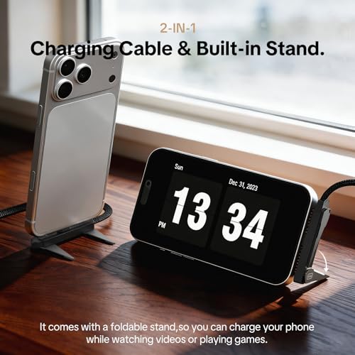 MFish 240W USB-C Cable with Foldable Stand, 3.93FT | 90° T-shaped plug, PD 3.1, E-Marker chip, 45,000 bend test, slim-case fit - color: Black