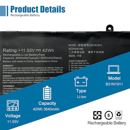 B31N1911 C31N1911 Laptop Battery Replacement for Asus VivoBook Flip 14 A413FA D413DA D413IA F413JA K413EA K413FA K413FQ K413JA X421DA X421EA Series C31N1911 3ICP5/58/78 11.55V 42Wh - size: 10.89*2.93*0.22 inch B31N1911