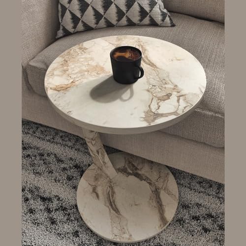 C Shaped End Table for Couch Small Places, Faux Marble Engineered Wood Space Saver Round Side Table for Sofa and Bedside with Wheels, Coffee and Snack Time Tray for Living Room (White Marble) - color: White Marble