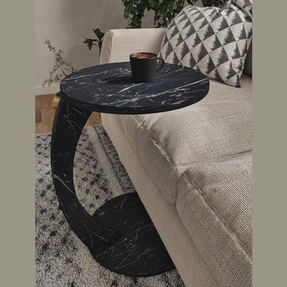 C Shaped End Table for Couch Small Places, Faux Marble Black Space Saver Round Side Table for Sofa and Bedside with Wheels, Coffee and Eating Snack Time Tray for Living Room, Office - color: Black