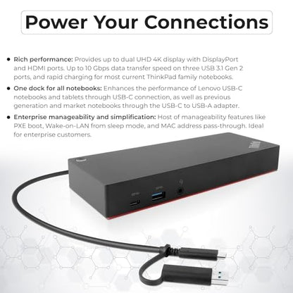 40AF0135US Lenovo Docking Station Dual Monitor Hybrid USB-C with USB-A - 1 Year Warranty, Thinkpad Dock w/ 135W Adapter, ANYHDD HDMI, DisplayPort, USB-C Cables, Cloth - Lenovo Laptop Docking Station - style: 40AF0135US New