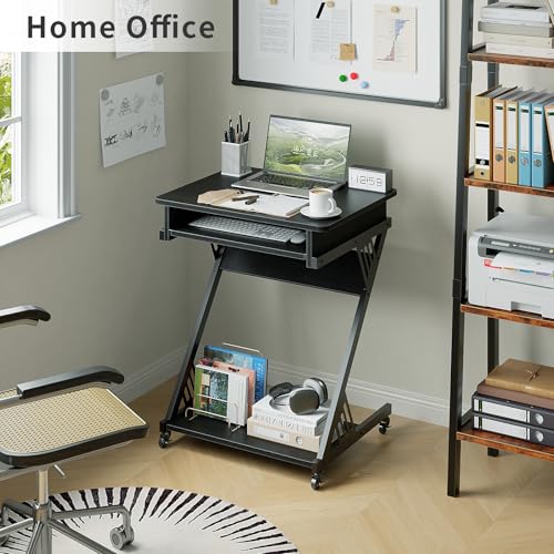 ALISENED Computer Desk for Small Spaces Compact Desk with Keyboard Tray | 23.6" Z-Shaped, with Wheels and Bottom Shelves, for Home Office, Computer Cart Mobile Laptop Cart, Black - color: Black