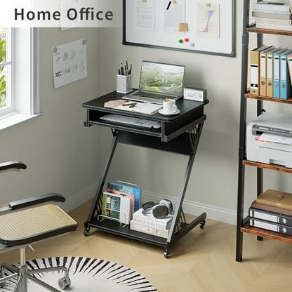 ALISENED Computer Desk for Small Spaces Compact Desk with Keyboard Tray | 23.6" Z-Shaped, with Wheels and Bottom Shelves, for Home Office, Computer Cart Mobile Laptop Cart, Black - color: Black