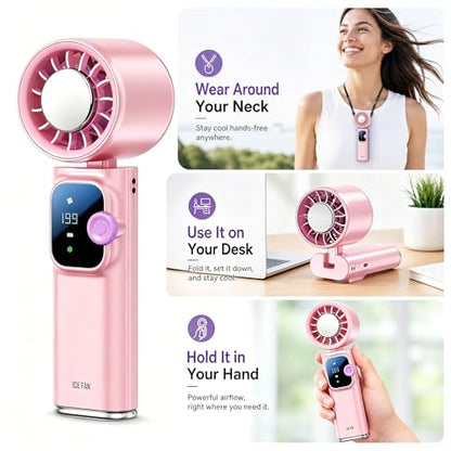 Portable Handheld Fan with Ice Cooling, Personal Rechargeable Fan 20000RPM,199-Speed Mini Neck Fan with 4000mAh Battery Powered up to 15hrs with LED Display for Travel, Camping & Outdoor, Pink - color: Pink