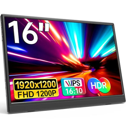 Portable Monitor 16.0inch FHD 1920 * 1200P USB C HDMI Ultra-Slim IPS Travel Display & Speakers, HDR Plug&Play, External Monitor for Laptop PC, Phone, Mac