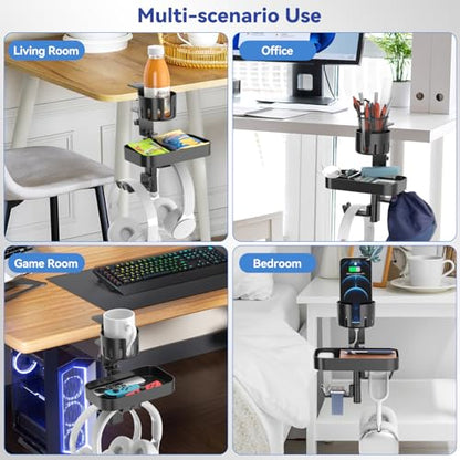 KDD Desk Cup Holder with 2 Headphone Hook - Rotating Pencil Holder & Detachable Drawer Tray - Clamp on Under Desk Headphone Holder Hidden Storage for Office School Home Accessories