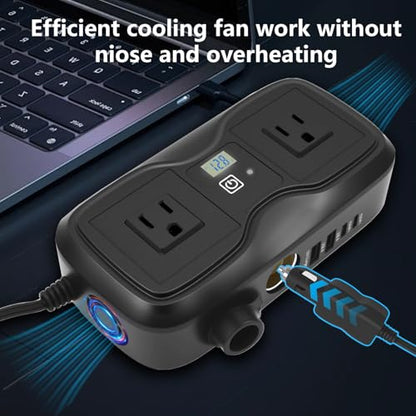 7 in 1 200W Car Power Inverter 12V DC to 110V AC with Car Charger Adapter, Dual USB 2 AC 4 USB PD 20W&QC 3.0 Outlet and Lighter Plug - Car Accessories for Trip and Camping - color: Black