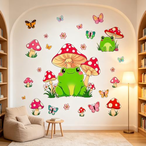 Cute Frog Red Mushroom Wall Decal Butterfly Flower Kids Nursery Decor Art | Adorable forest themed wall art, butterflies small flowers, removable vinyl decor for nursery, kids bedroom, preschool - style: Mushroom#5