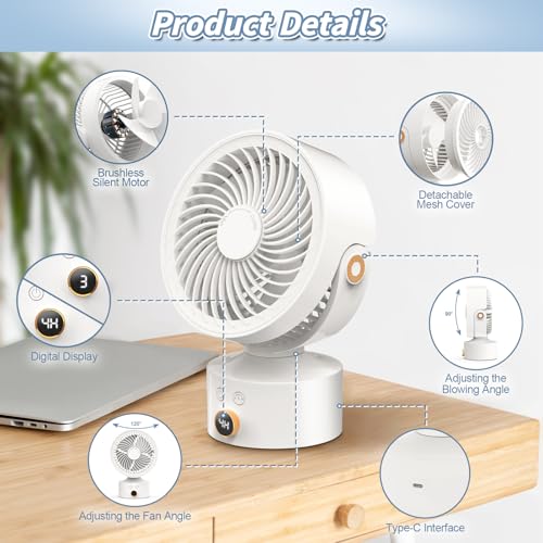 Desk Fan Small Oscillating for Bedroom, 9 Inch Quiet Desk Fan Air Circulator with 3 Speeds, 4H Timer, Rechargeable Desk Fan for Office/Dorm/Room-White