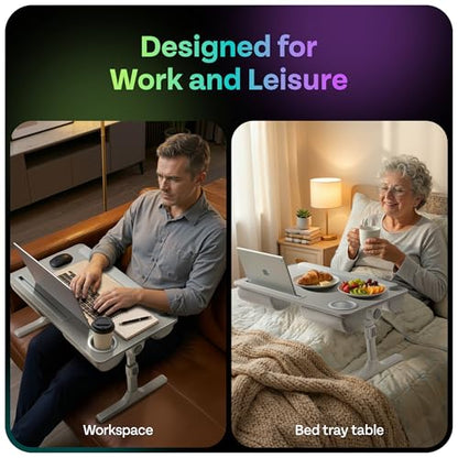 Lap Desk with Legs & Cushions: 2-in-1 Foldable Bed Desk for Adults - One-Touch Height Adjustment, Bed Table Tray Hold: up to 15.6“ Laptop, Mouse Cup Phone - Laptop Stand Desks for Bed (Gray) - color: Gray