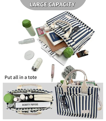 Large Canvas Tote Bag for Women Work Tote Bags with Pockets Laptop Crossbody Purses Everyday Bag Handbags for Travel - color: New Upgrade Plus Blue Stripe