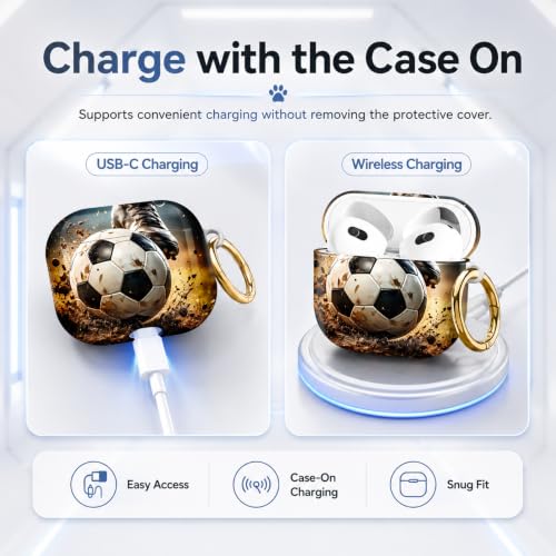 Compatible with AirPod 4 Case 2024, Cute Hard Plastic Protective Cover for Airpod 4th Generation Women, Shockproof Shell Skin with Gold Ring Keychain,Football - color: Football