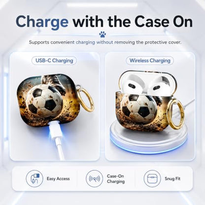 Compatible with AirPod 4 Case 2024, Cute Hard Plastic Protective Cover for Airpod 4th Generation Women, Shockproof Shell Skin with Gold Ring Keychain,Football - color: Football