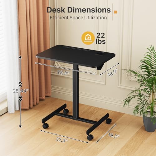 28 inch Mobile Laptop Desk, Portable Sit Stand Cart with Wheels | Small Standing Desk with Cup Holder, Rolling Computer Workstation Height Adjustable with Hook on 4 Lockable Casters, Black - color: Black