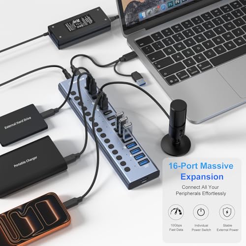 Powered USB 3.2 Hub, 16 Ports Powered USB Hub with 10Gbps Data Speed, USB Hub (8 USB-A 3.2 Ports+8 USB-C 3.2 Ports) with 96W Power Adapter for PC/Laptop, Computer, Flash Drive, Printer, Camera