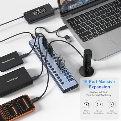 Powered USB 3.2 Hub, 16 Ports Powered USB Hub with 10Gbps Data Speed, USB Hub (8 USB-A 3.2 Ports+8 USB-C 3.2 Ports) with 96W Power Adapter for PC/Laptop, Computer, Flash Drive, Printer, Camera