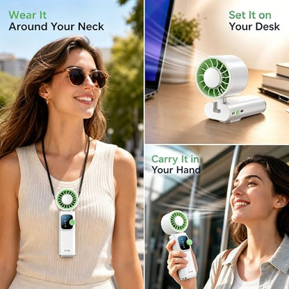 Portable Handheld Fan with Ice Cooling, Personal Rechargeable Fan 20000RPM,199-Speed Mini Neck Fan with 4000mAh Battery Powered up to 15hrs with LED Display for Travel, Camping & Outdoor, White - color: White-Green